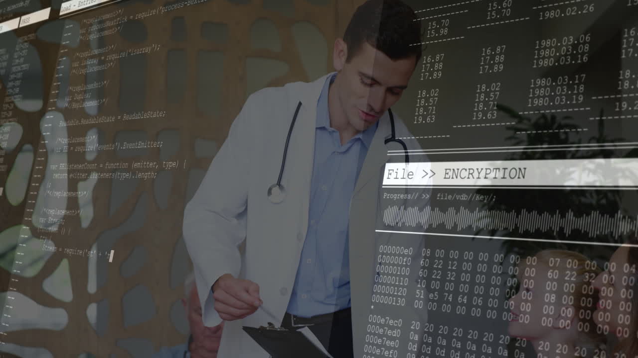 Male doctor with stethoscope reviewing code snippets and encryption panel with health tech overlay