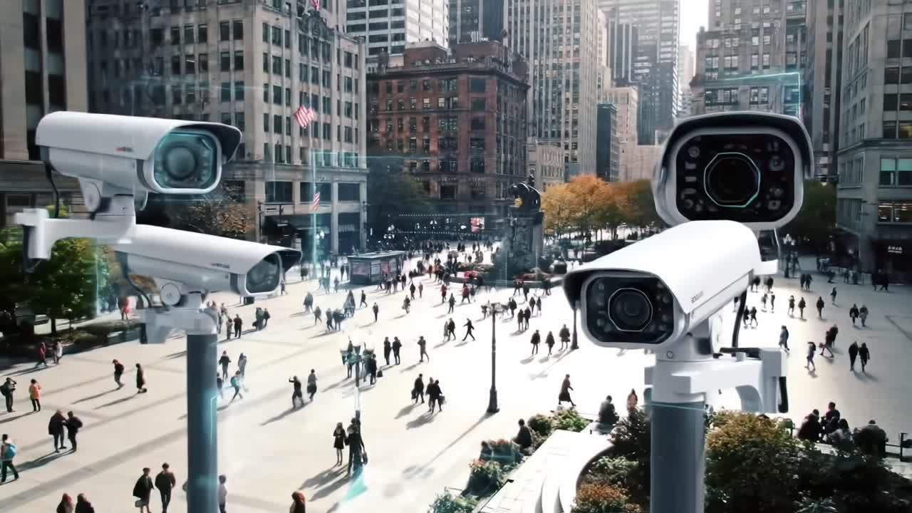 Surveillance Technology Overlooks a Busy Urban Square: An Overhead View of Security Cameras Monitoring Public Activity and Pedestrian Traffic in a Bustling City Center