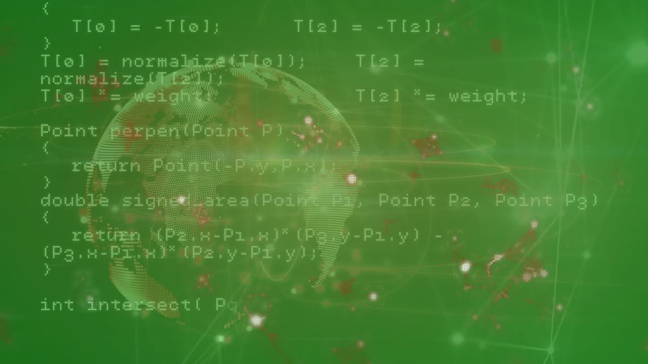 Animation of network of connections and molecular structures over a globe against green background