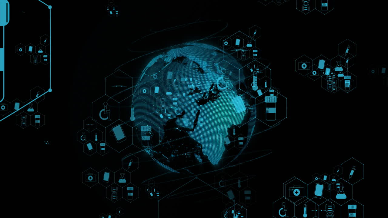 Animation of medical icons and globe on black background