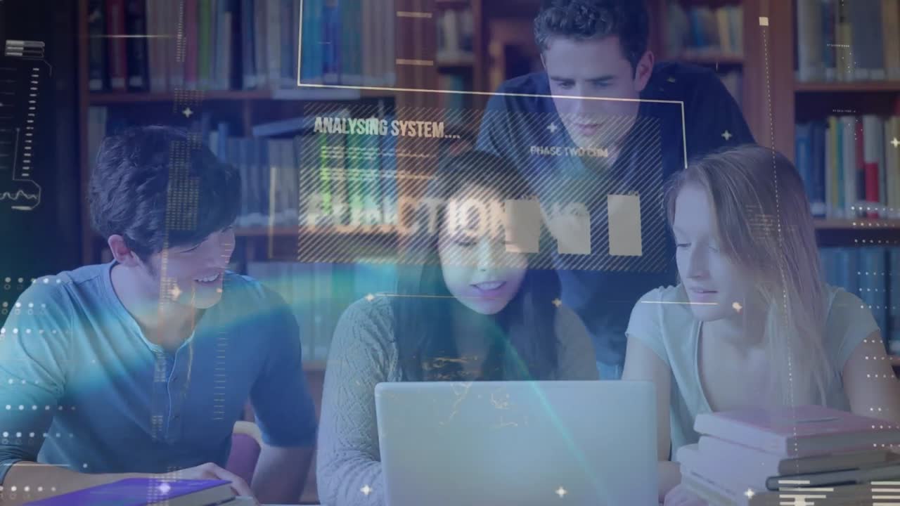 animación del procesamiento de datos en diversos estudiantes con computadoras portátiles