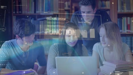 animation of data processing over diverse students with laptop