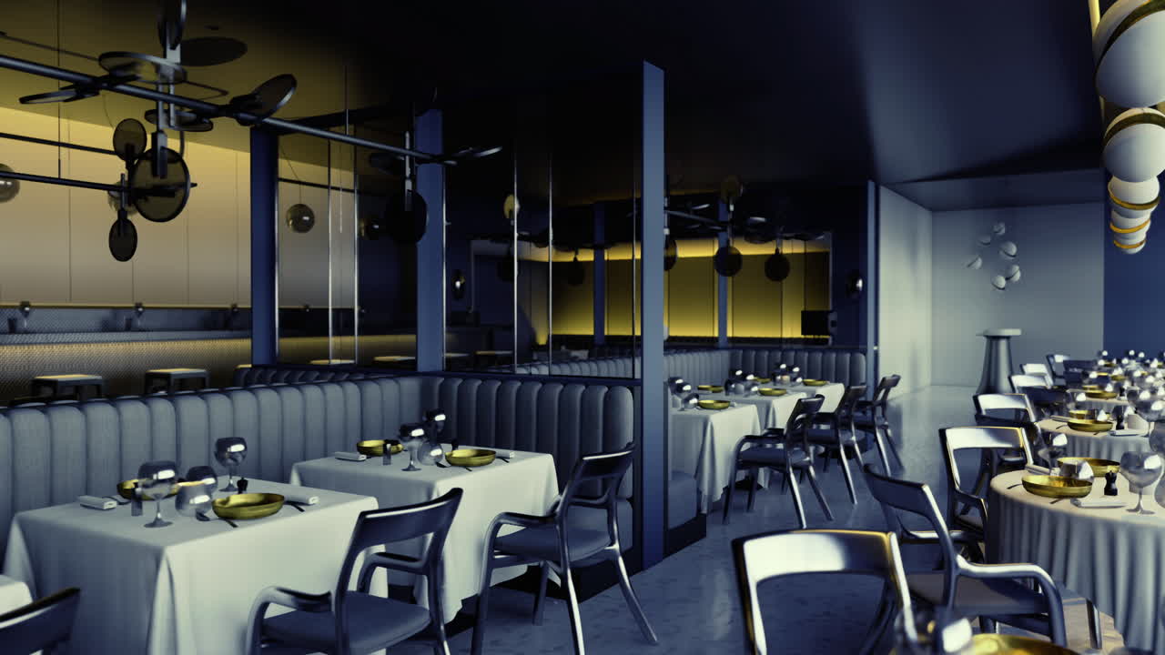 Modern restaurant interior with elegant seating and ambient lighting design