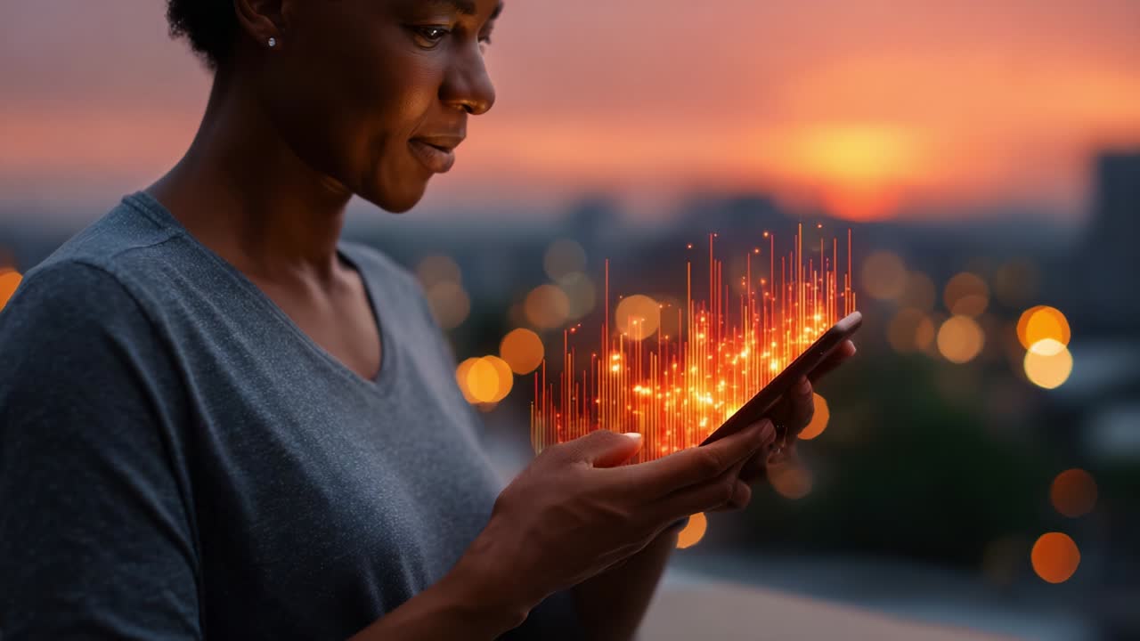 A focused individual engages with a smartphone as digital data visualizations emanate from the device, showcasing innovation and technology against a vibrant sunset backdrop, symbolizing the intersection of humanity and digital progress