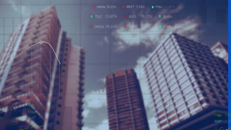 animation of financial data processing over cityscape