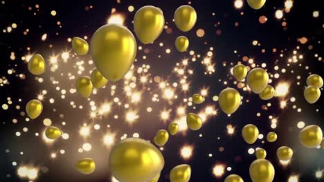 Animation-Von-Goldenen-Luftballons,-Die-über-Leuchtende-Lichter-Fliegen