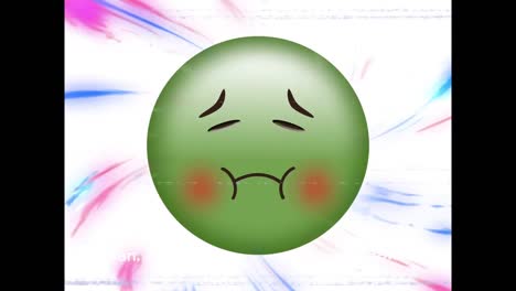 Digital-animation-of-sick-face-emoji-against-digital-waves-on-white-background