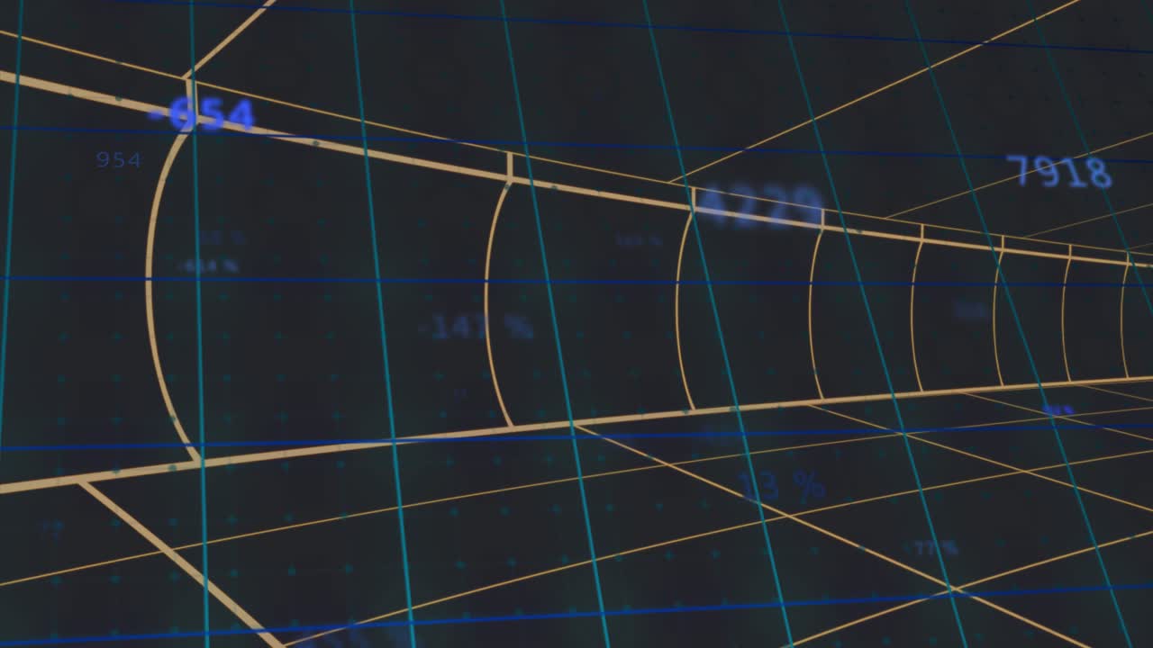 Camera gliding forward via gold wireframe tunnel revealing shifting numbers visualizing data flow