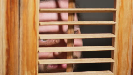 a man peering through the door shutter - close up