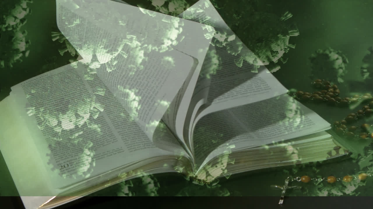 células de covid-19 que se mueven contra el rosario y la biblia