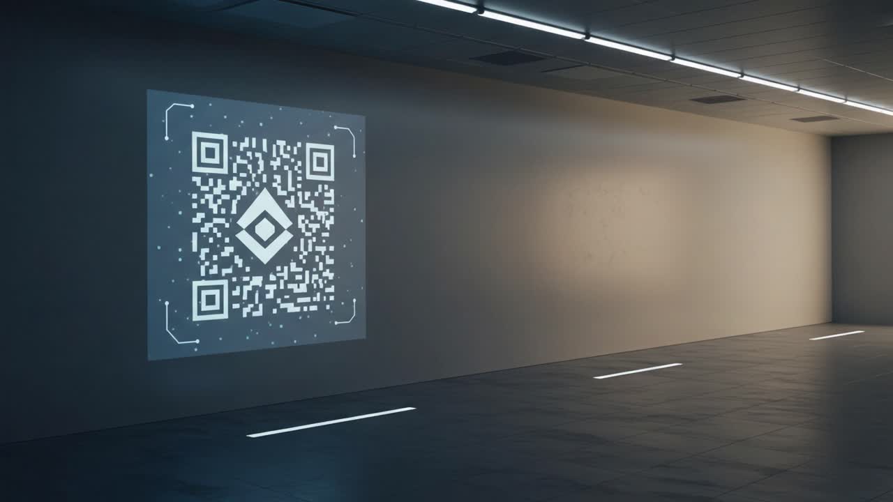 A Minimalistic Interior Space Featuring a Projected QR Code on the Wall, Highlighting Digital Interaction and Modern Design Elements in Contemporary Architecture