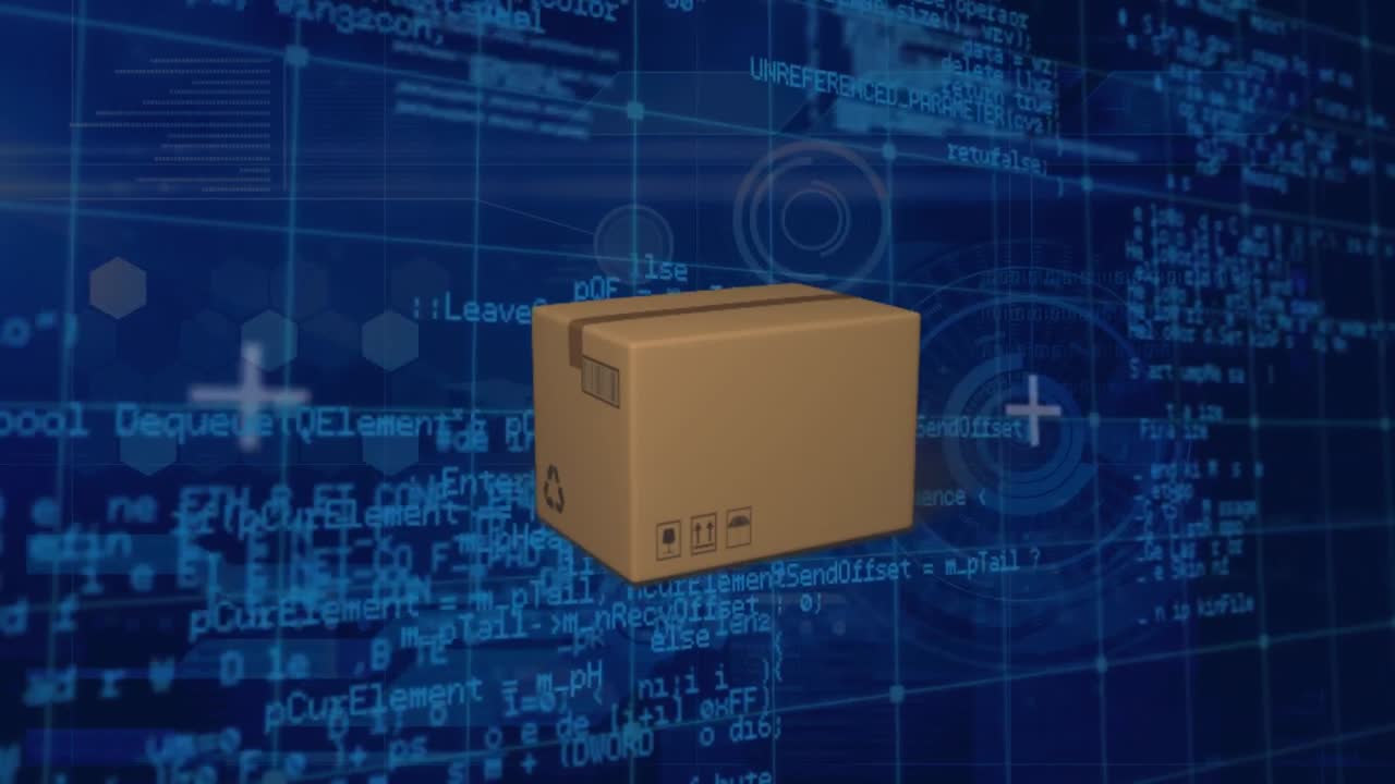 animación de caídas de cajas de cartón, círculos y lenguaje informático sobre un fondo abstracto