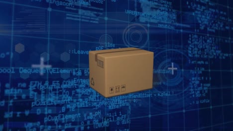 Animation-of-falling-cardboard-box,-circles-and-computer-language-over-abstract-background