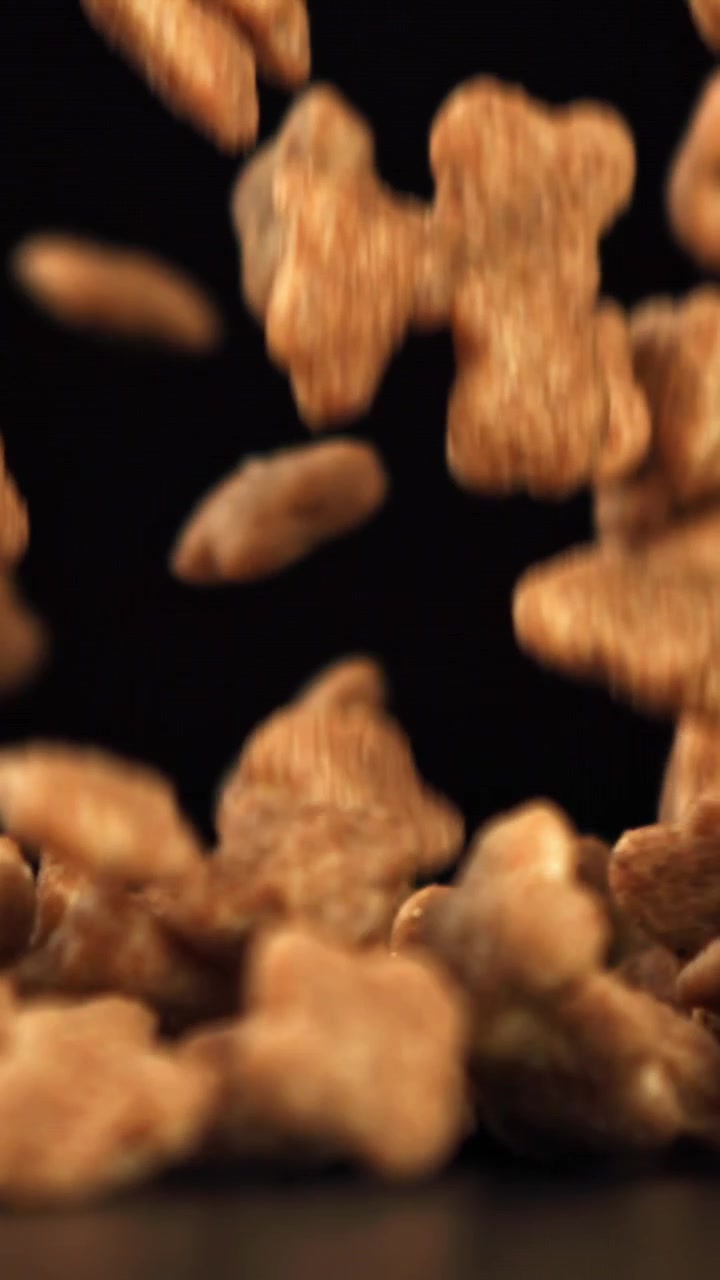 Biscotti per cani a forma di osso che cadono al rallentatore su sfondo nero
