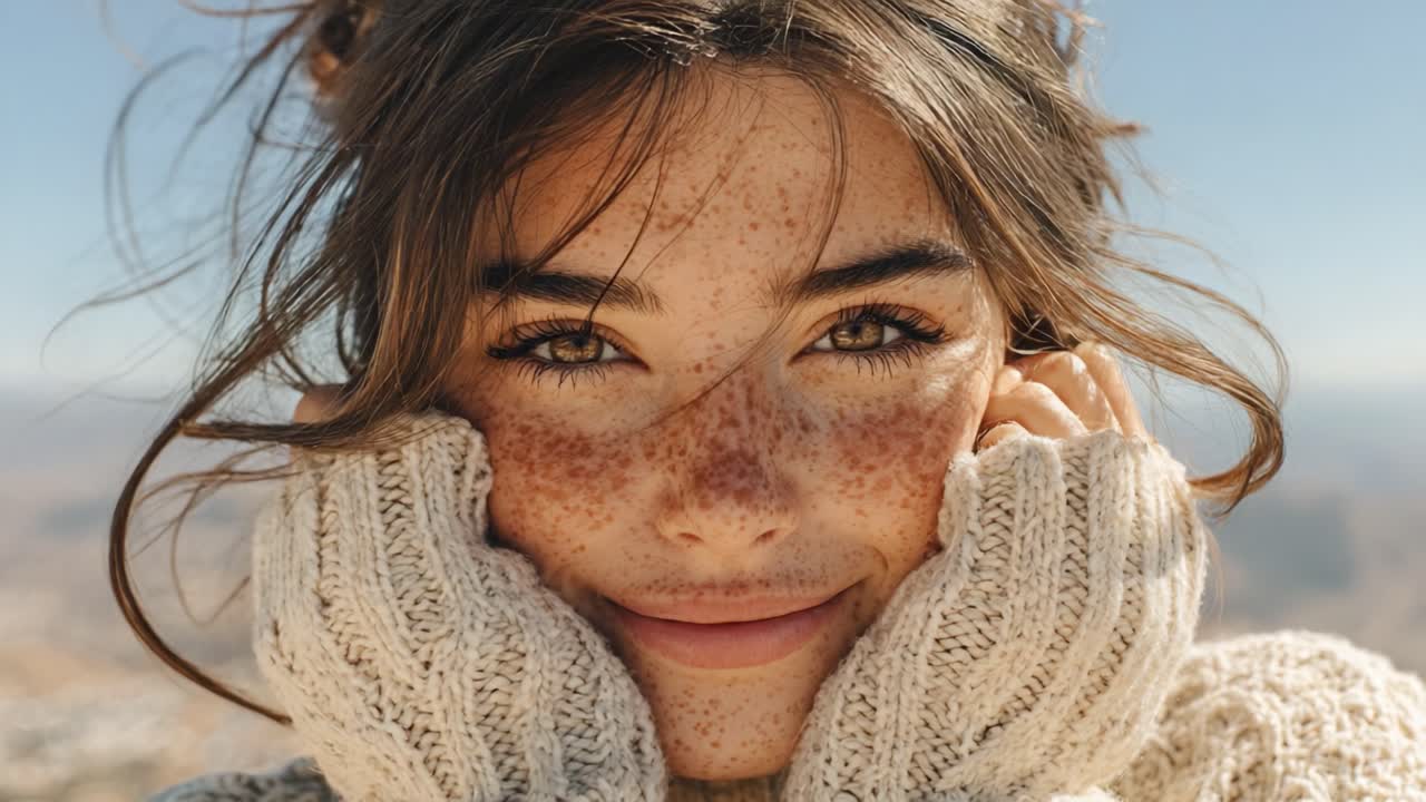 Embracing Joy: A Portrait of a Young Woman with Freckles and a Warm Smile, Set Against a Serene Outdoor Backdrop, Capturing Happiness and Tranquility