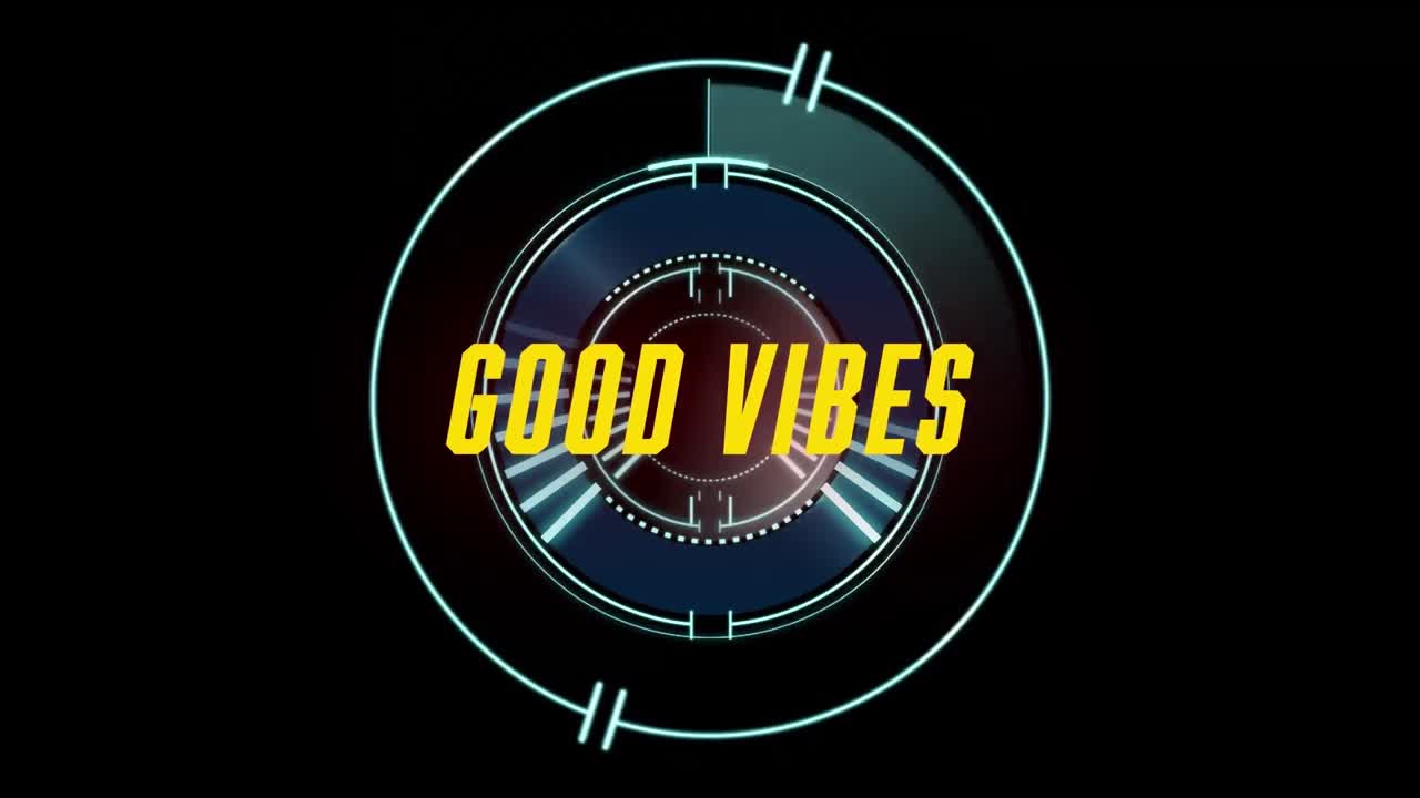 Animazione del testo "Good Vibes" su scansione del mirino su sfondo nero