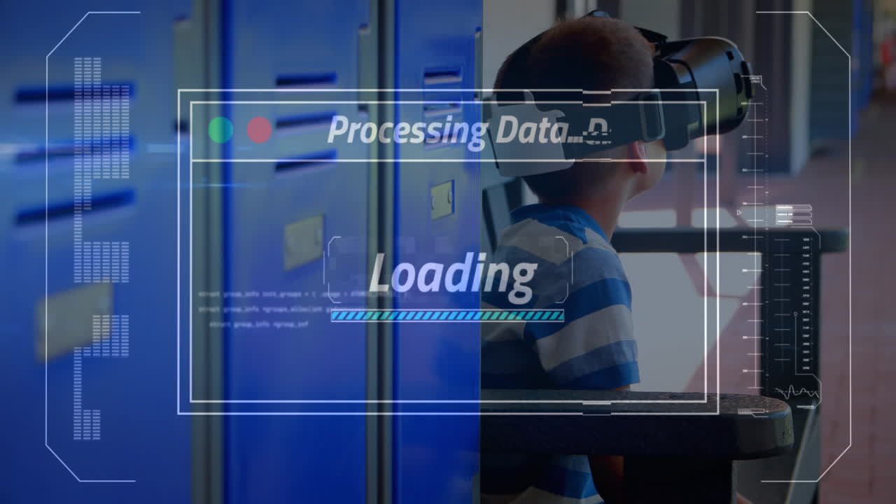 Animation af databehandling på skærm over dreng der bruger VR-headset