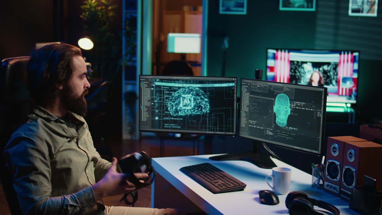 Programmer at home talking with conscious AI superintelligence using VR tech