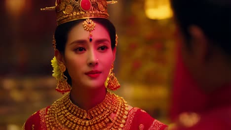 woman in traditional indian/asian clothing with gold jewelry