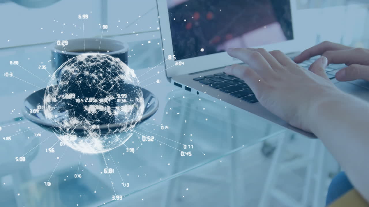 노트북을 사용하는 백인 사업가 여성에 대한 지구상의 애니메이션과 데이터 처리