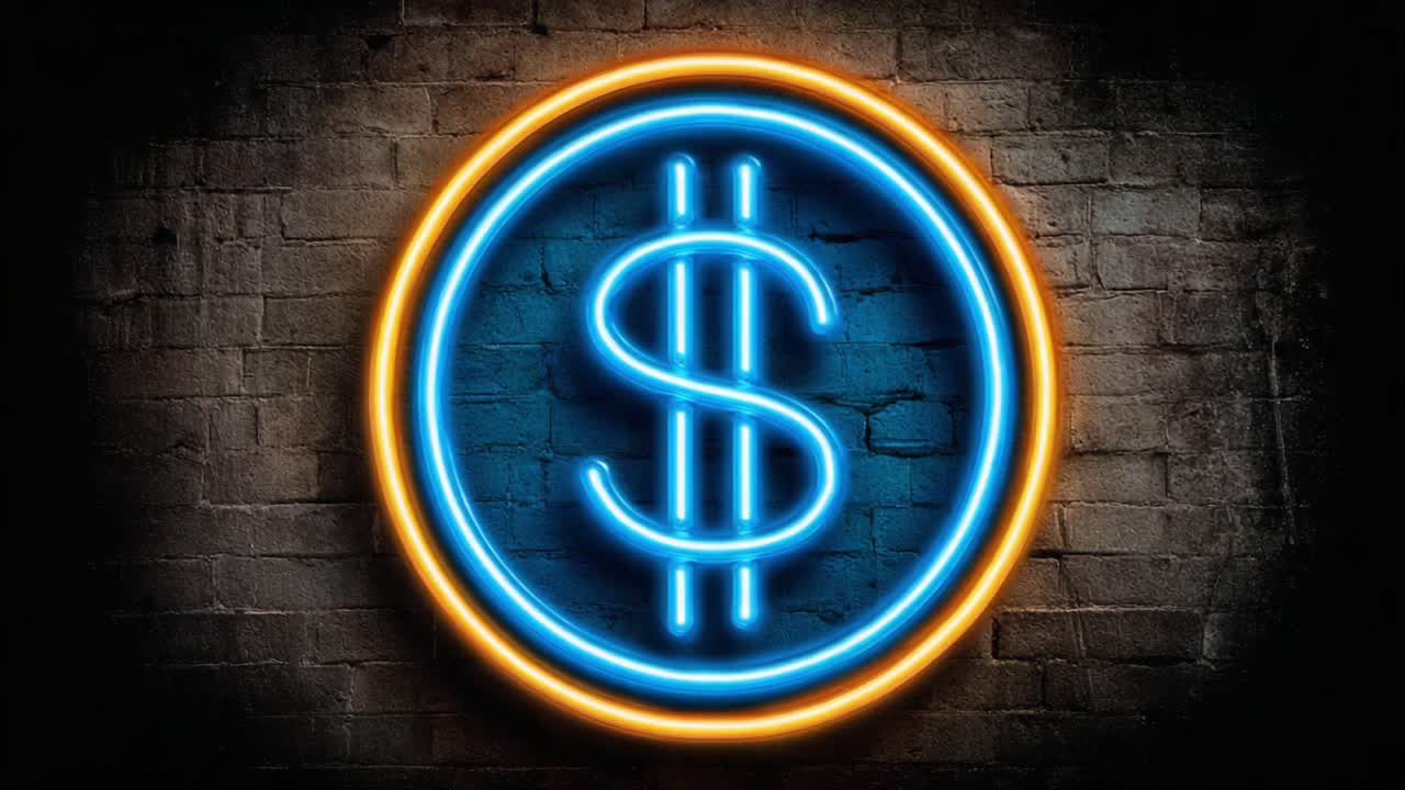 Arte luminosa al neon con il simbolo del dollaro su un muro di mattoni, con un bagliore blu e arancione brillante che riflette il moderno simbolismo finanziario nella notte.