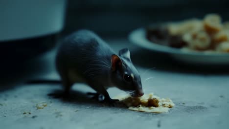 wild rat scavenging for crumbs on a dirty kitchen floor during the night highlights urban wildlife behavior