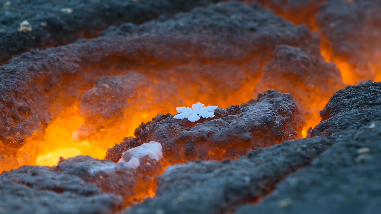 Singolo oggetto bianco simile a un fiocco di neve che cade, la gravità lo attira sulla lava raffreddata, sciogliendosi in vapore.