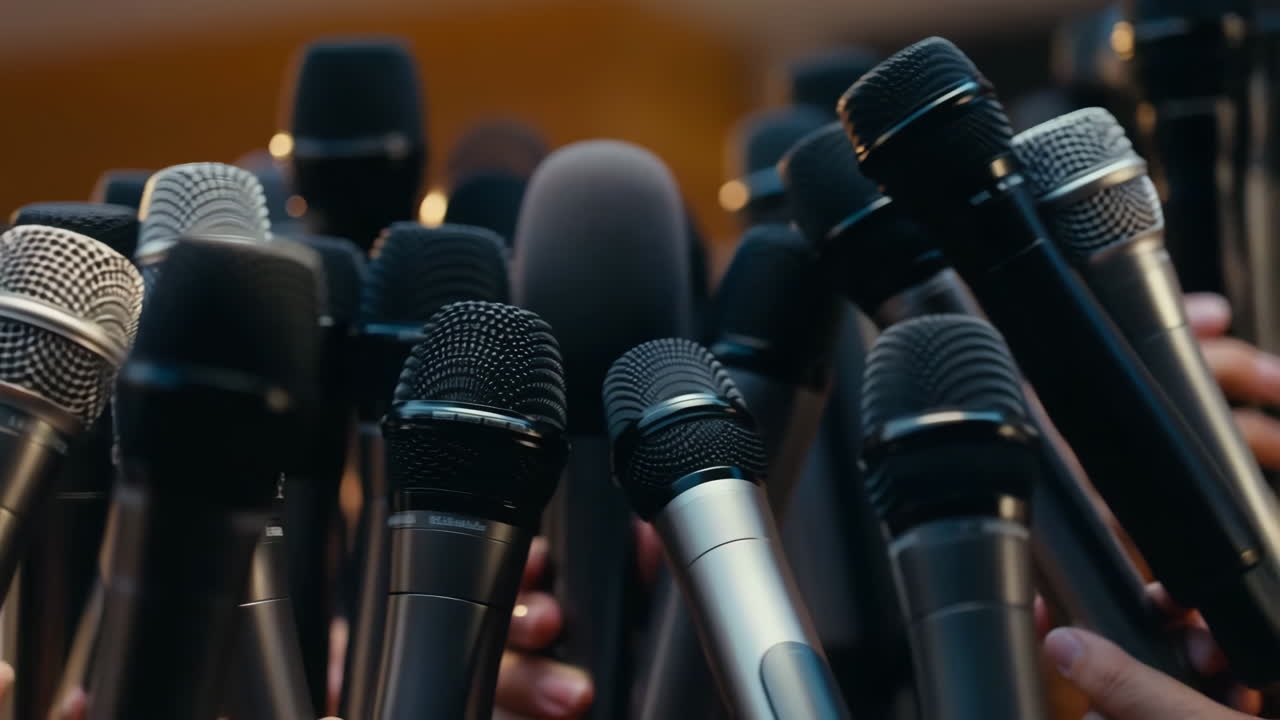 Multiple microphones at a press conference or media event