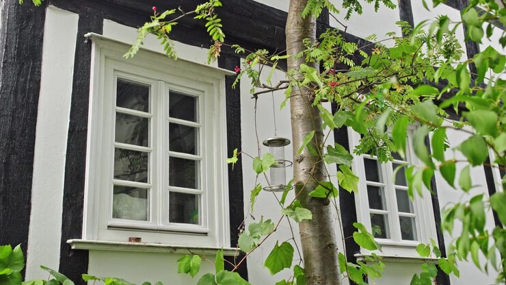 Mangiatoia per uccelli e albero davanti alle finestre di una casa a graticcio