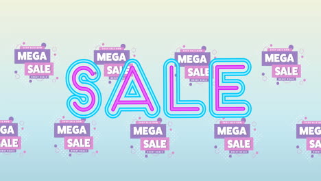 animación del texto de neón de venta sobre las palabras de mega venta en el fondo