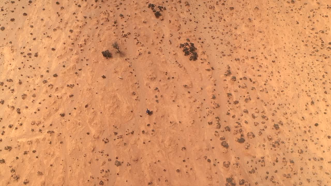 Top down aerial view reveals texture and pattern of arid, sandy desert floor near Tan-Tan, Morocco