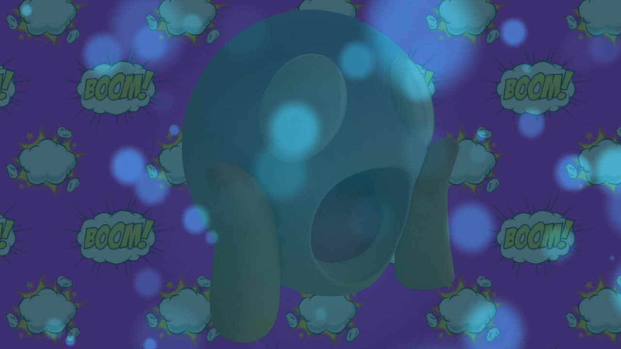 핑크색 배경에 여러 번의  ⁇  텍스트 배너에 대한 놀라운 얼굴 이모지 위에 빛의 파란 반점이