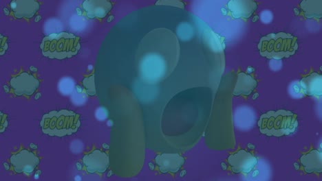manchas azules de luz sobre emoji de cara sorprendida contra múltiples banners de texto de boom en fondo rosa