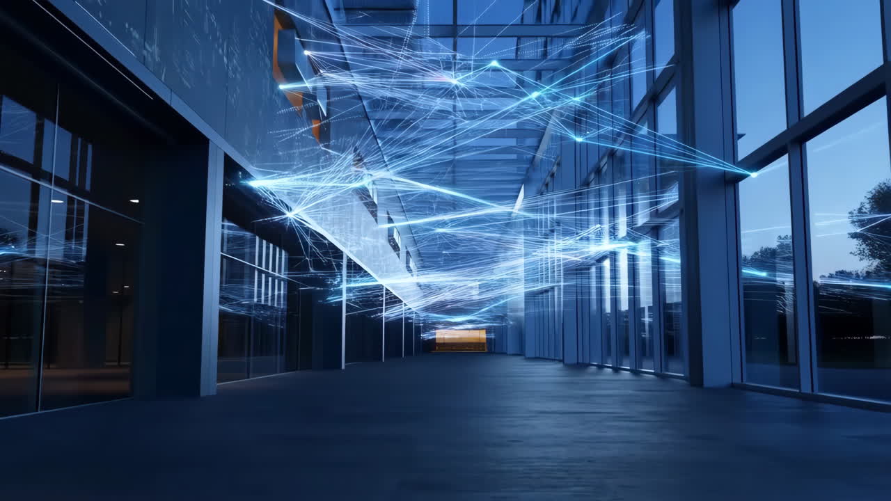 Futuristic Network Connections in a Modern Building Corridor