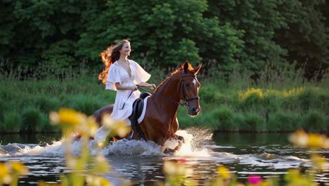 woman riding horse in a river at sunset
