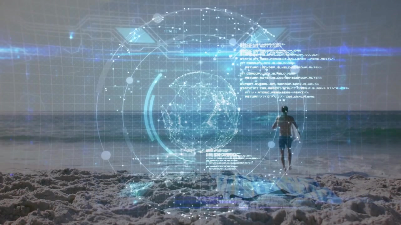Man walking into surf after holographic tech globe interface appearing for exploring code streams