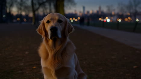 Golden Retriever sitting in an urban park at dusk with city lights in the background