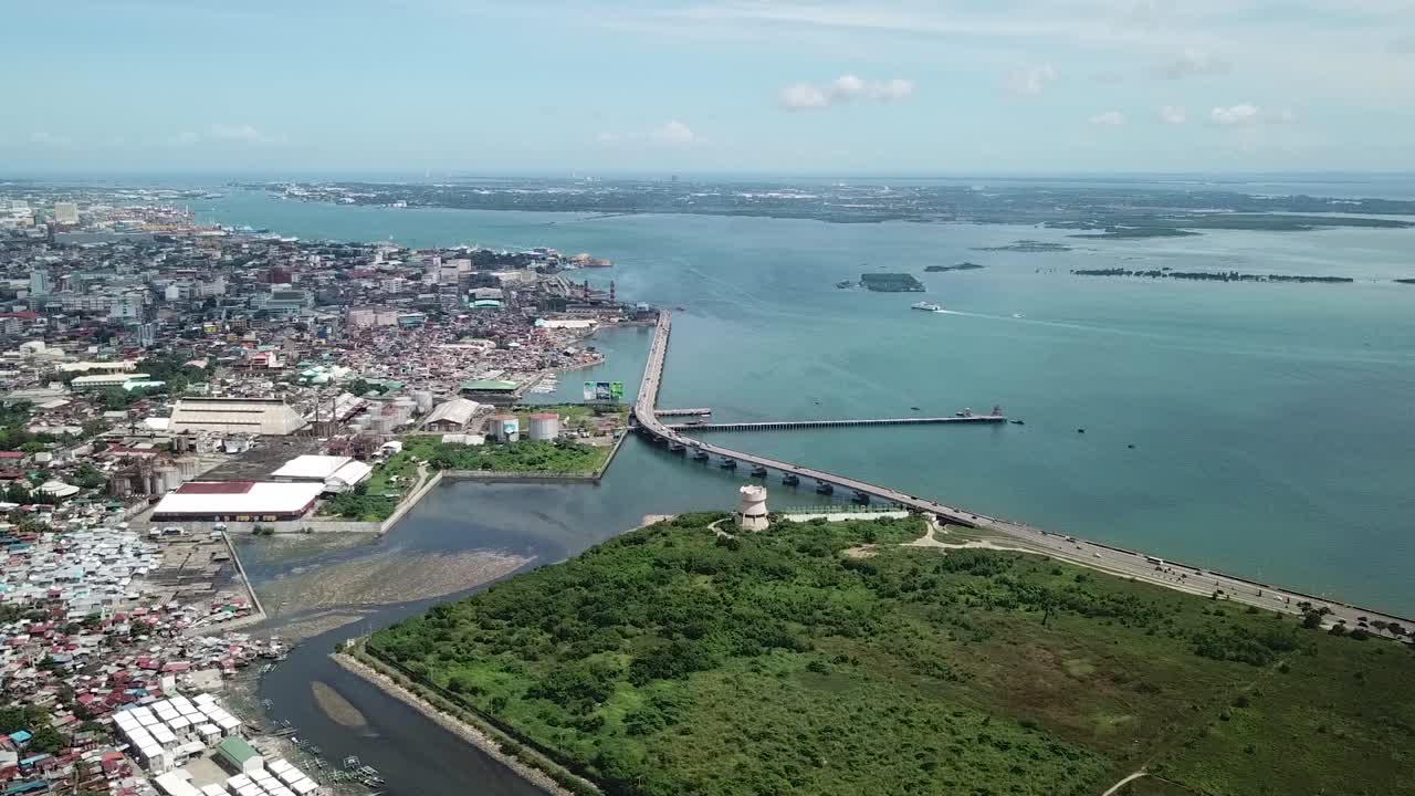 Aerial View of Cebu City and Strait, South Coastal Road and Waterfront of Island, Philippines