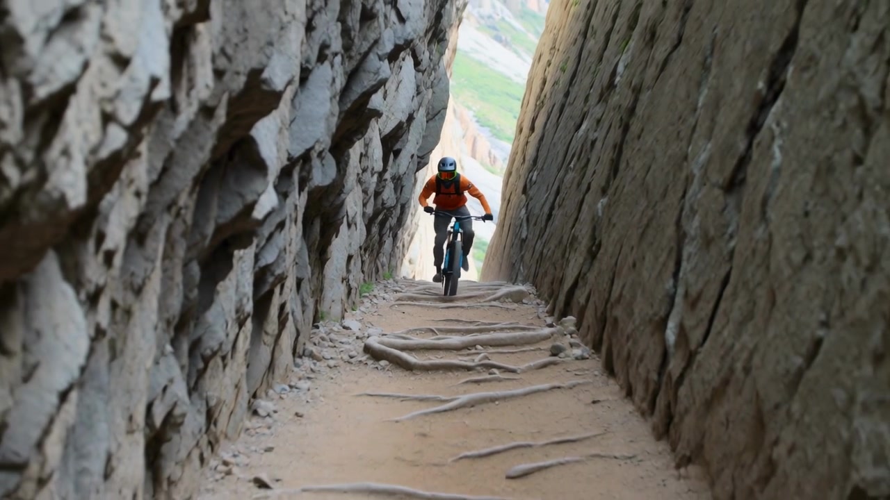 Pedaling male biker descending narrow slot canyon from top toward sunlit gap, wearing orange jacket