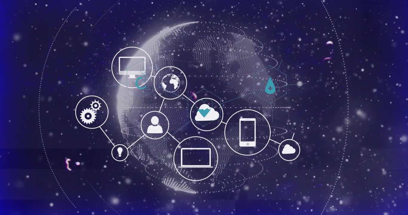 Animation of flowchart of icons over connected dots around globe against abstract background