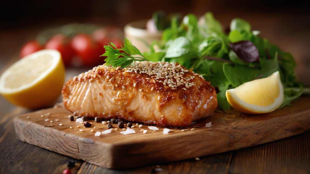A Delectable Plate of Crispy Sesame-Crusted Salmon Fillet Accompanied by Fresh Greens and Vibrant Lemon Wedges, Perfectly Presented on a Rustic Wooden Board