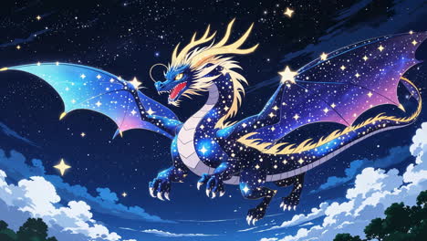 cosmic blue dragon soaring through a starry night