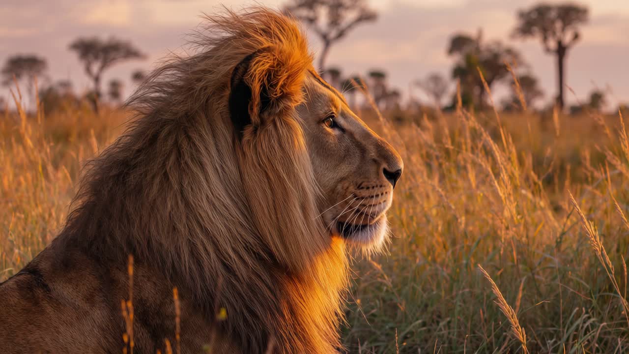 Lion in the African Savanna at Sunset