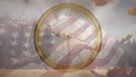 animation of clock, falling leaves and flag of america over trees on green field against cloudy sky