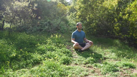 Ein-Gutaussehender-Mann-Auf-Einer-Grünen-Waldwiese-In-Der-Natur-An-Einem-Strahlend-Sonnigen-Tag,-Der-In-Sitzender-Meditationshaltung-über-Das-Leben-Nachdenkt,-Um-Stress-Abzubauen-Und-Das-Glück-Zu-Steigern