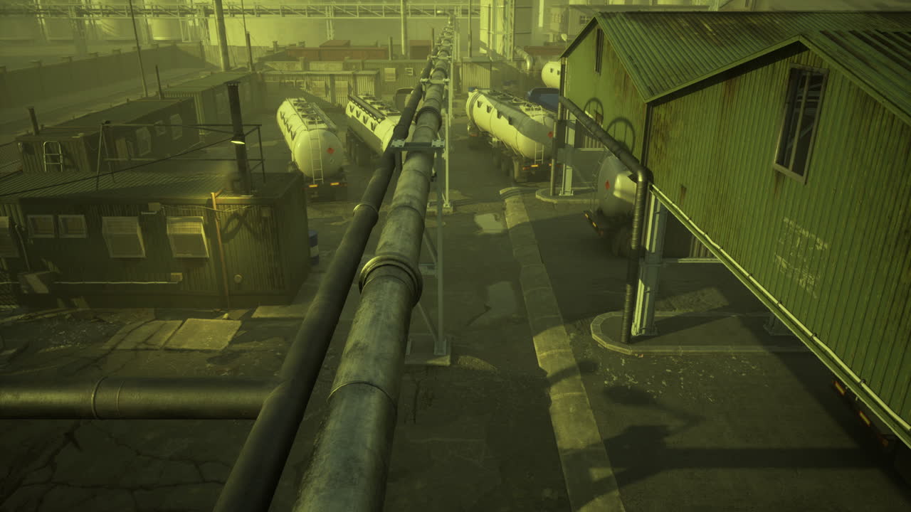 Industrial area with pipelines and cargo containers in a hazy environment