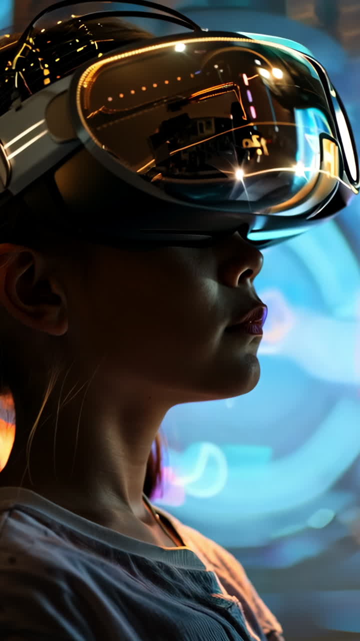 A girl wearing a virtual reality headset is looking at a glowing sphere. Concept of wonder and excitement as the girl explores the virtual world