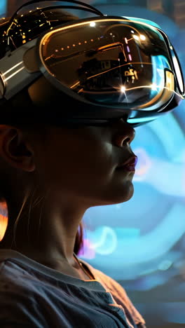 a girl wearing a virtual reality headset is looking at a glowing sphere. concept of wonder and excitement as the girl explores the virtual world