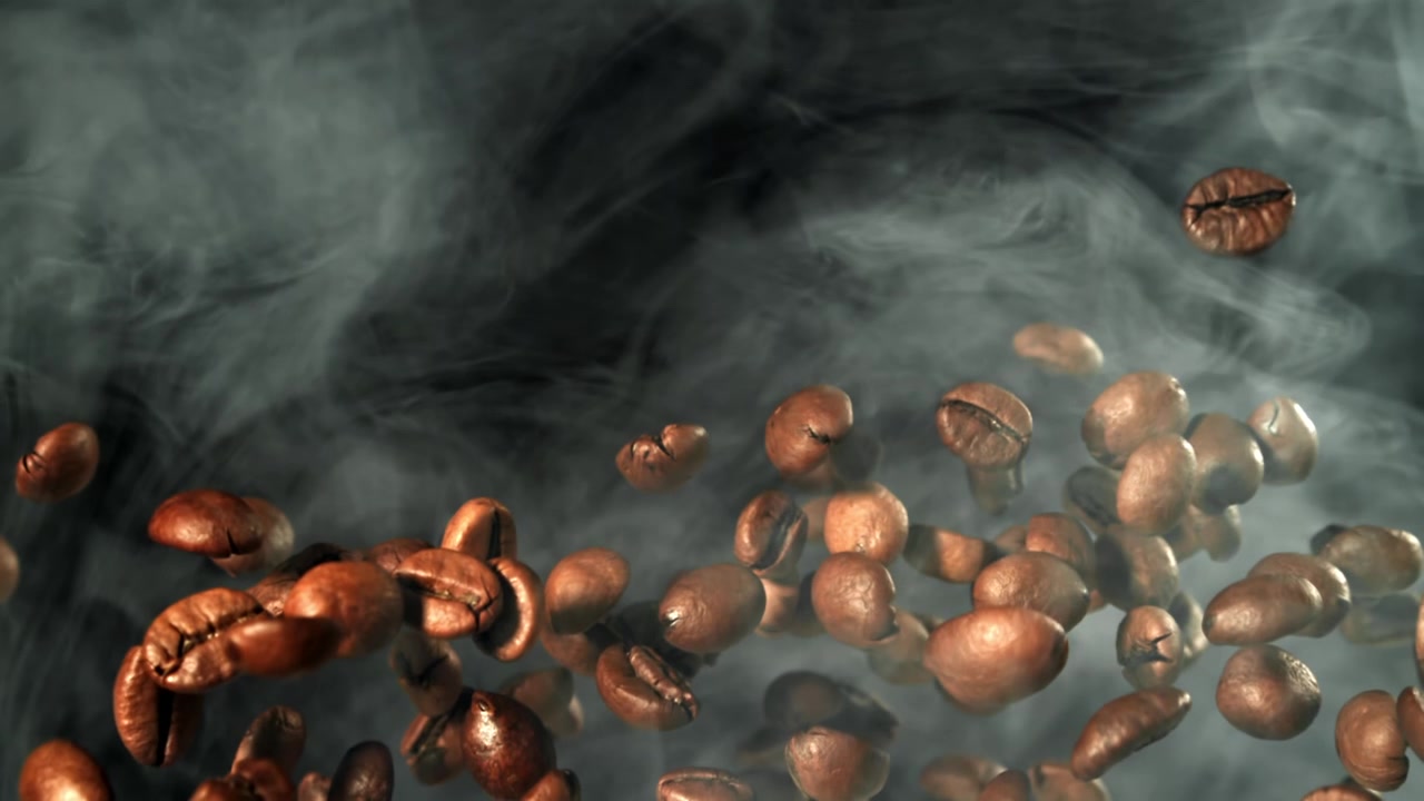 Rallentatore di chicchi di caffè tostati che cadono attraverso il fumo
