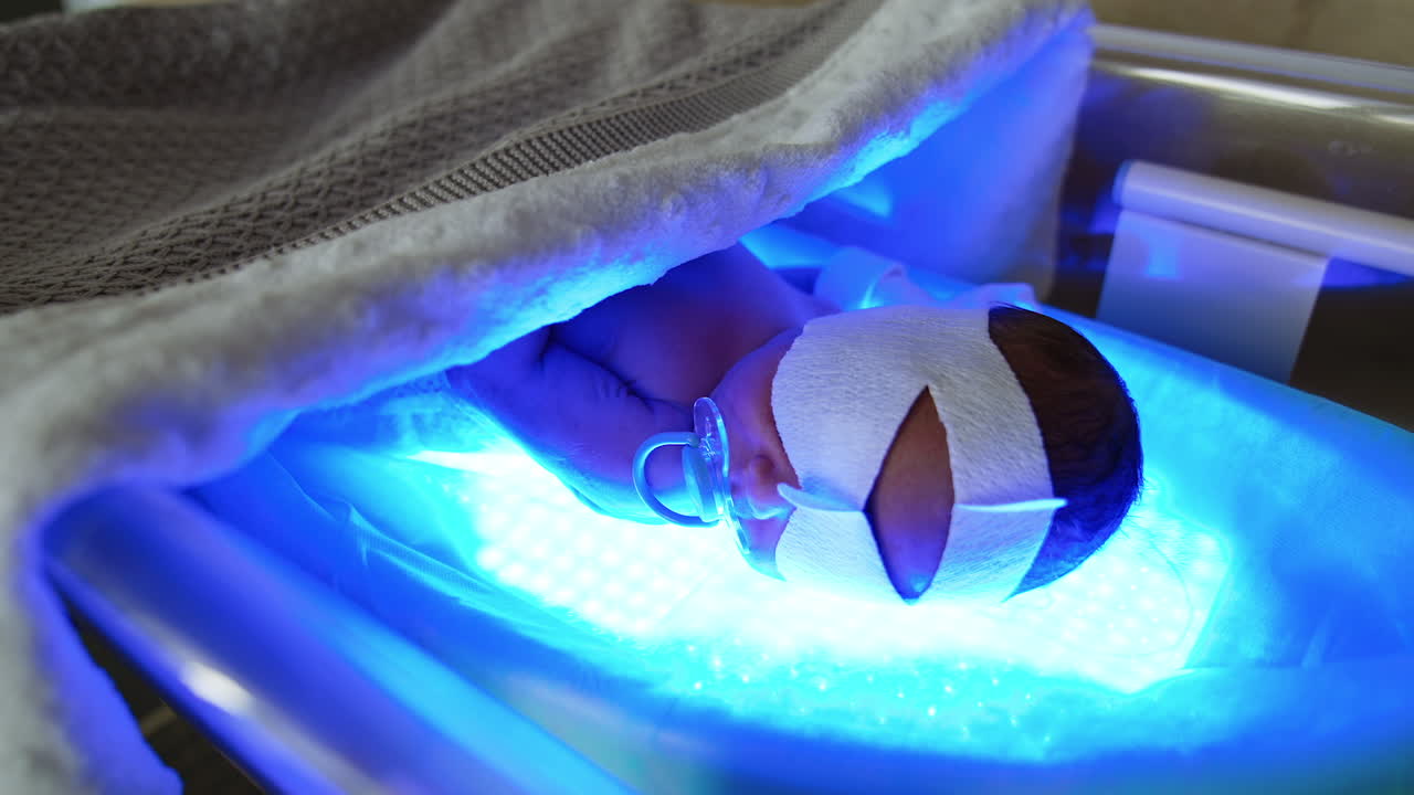 Tiny newborn baby it cured from the childhood jaundice. Infant in eye bandage and with pacifier lies on the blue light lamp under blanket.